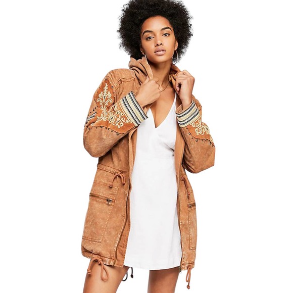 Free People Jackets & Blazers - Free People Golden Quills Military Parka Jacket Medium Embellished Tan RARE
